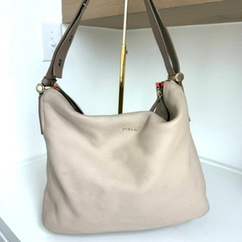 FURLA Genuine Leather Shoulder Bag Beige Taupe Hobo Satchel Made in Italy‎